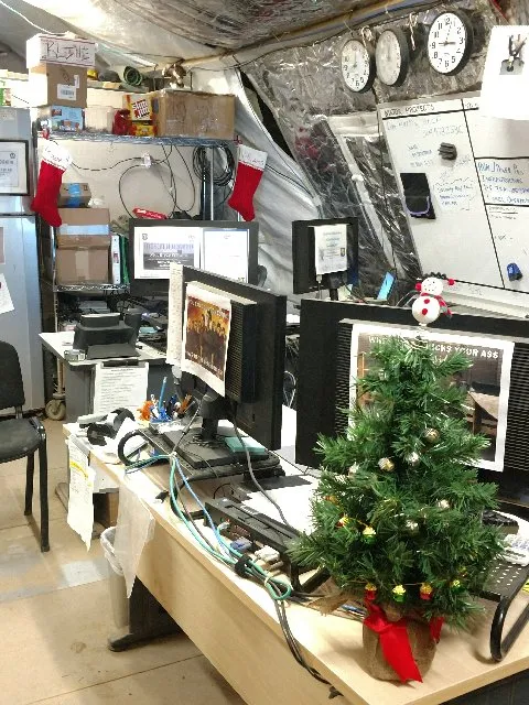 army desk with christmas tree