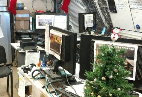 army desk with christmas tree