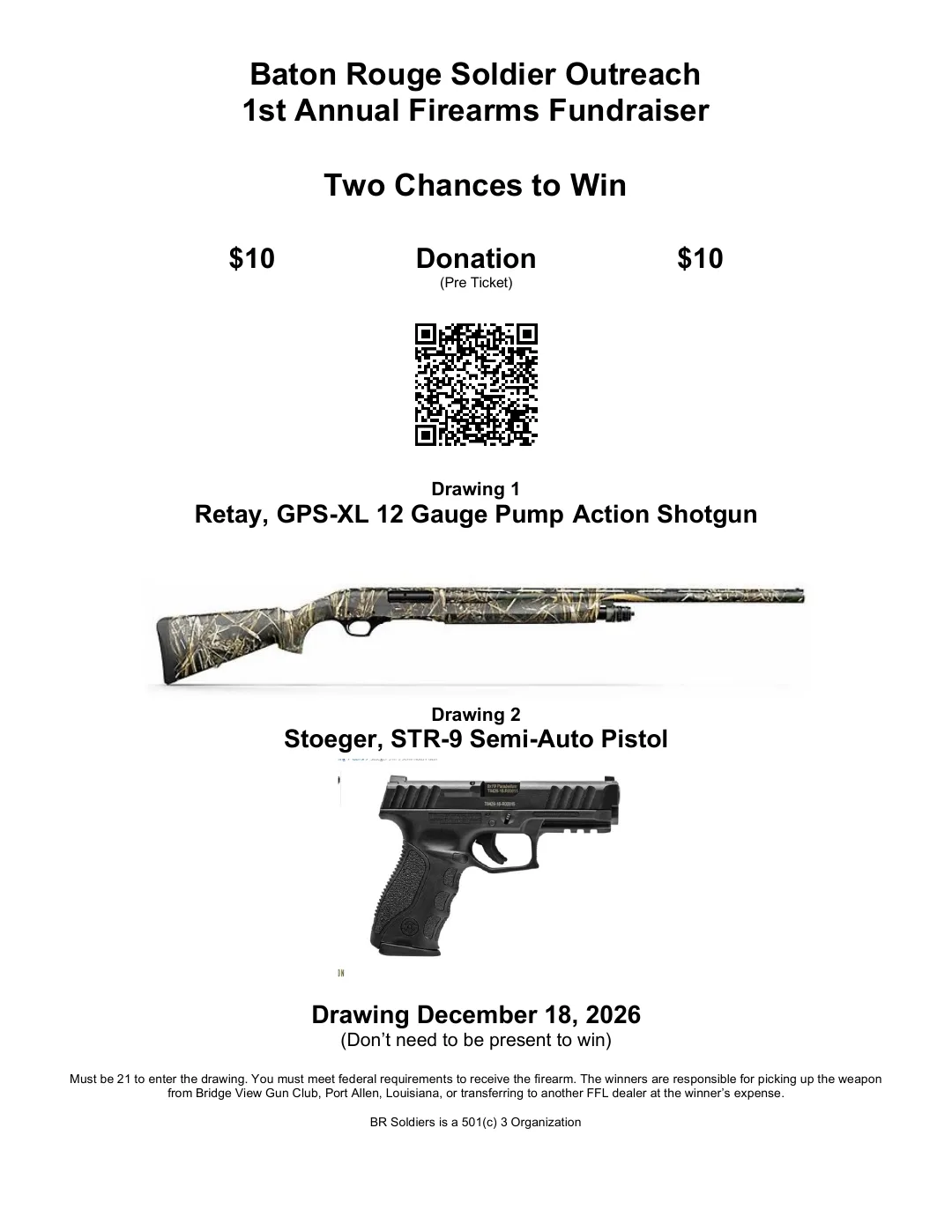 BR Soldier Outreach firearms fundraiser: shotgun and pistol drawing December 18 2026
